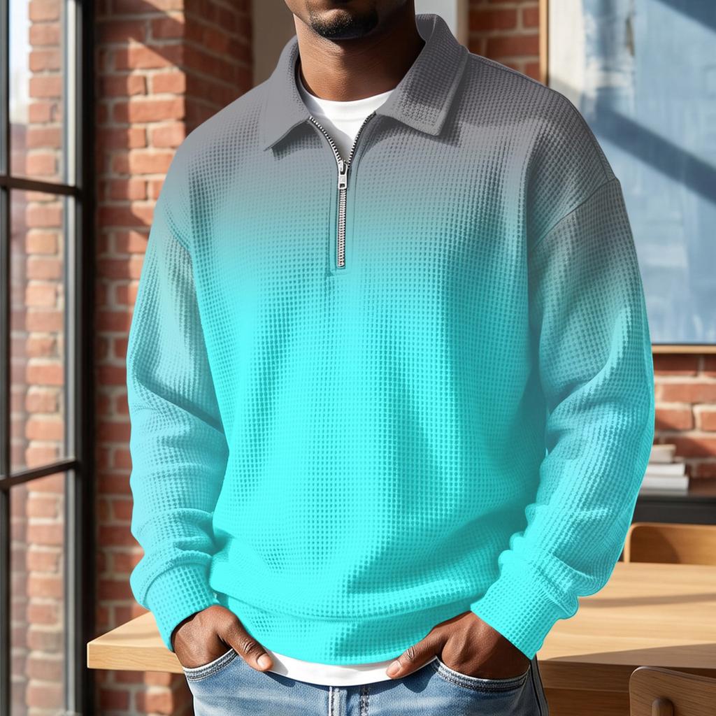 Men's Retro Half-Zip Collar Pullover, Long Sleeve Gradient Print Casual Top for Fall and Winter