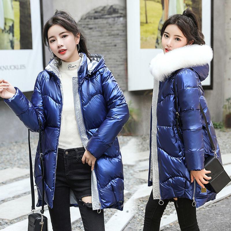 Winter Women Mid-length Parkas Jackets Casual Female Thicken Warm Hooded Jackets Coat Windprood Shiny Parka Coat with Fur Collar