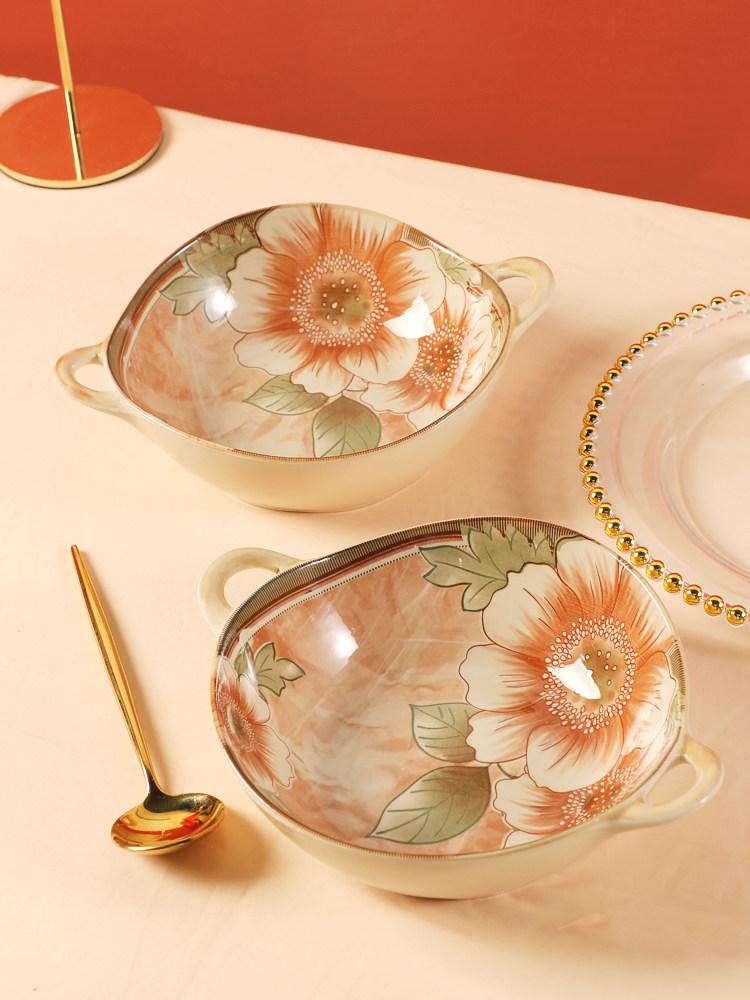 Jasmine 8-Inch Double-Ear Ceramic Bowl – Japanese Style Soup, Salad, or Fruit Bowl with Creative Underglaze Design