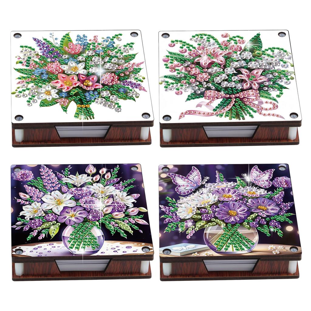 Boîte de rangement en bois DIY pour notes 4 pièces Art du diamant avec 480 feuilles Bloc-notes Peinture Diamant pour Bureau