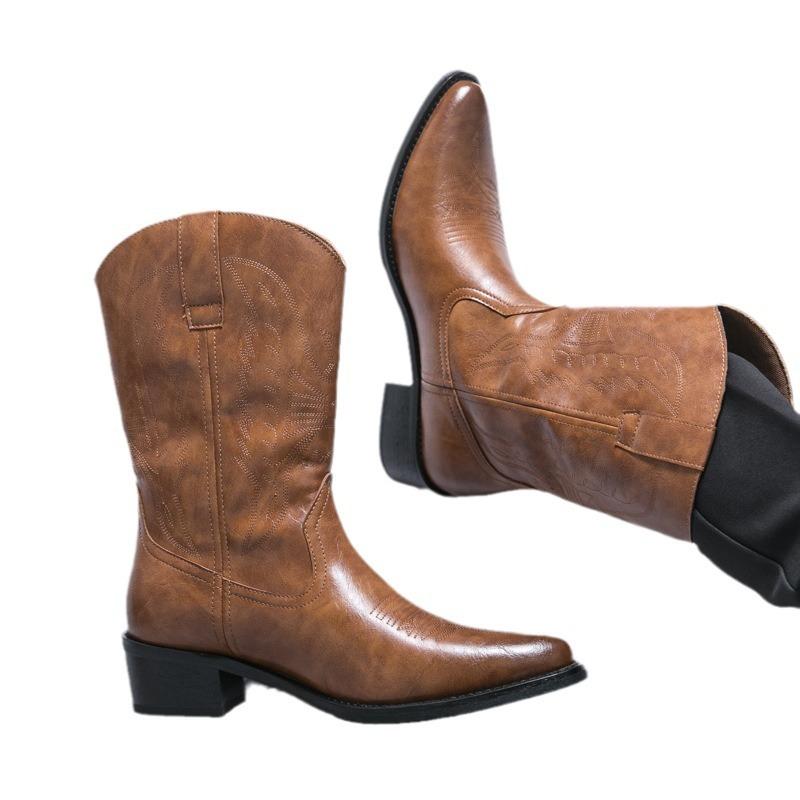 New 22 Seasons European and American Western Cowboy Boots Wooden Root Embroidered Mid-Leg Leg Boots Knight Pointed Leather Boots