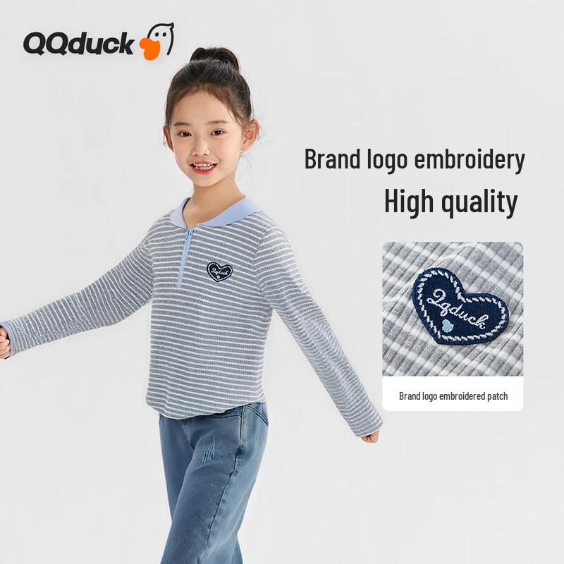 QQ DUCK Girls' Striped Polo Long Sleeve T-Shirt