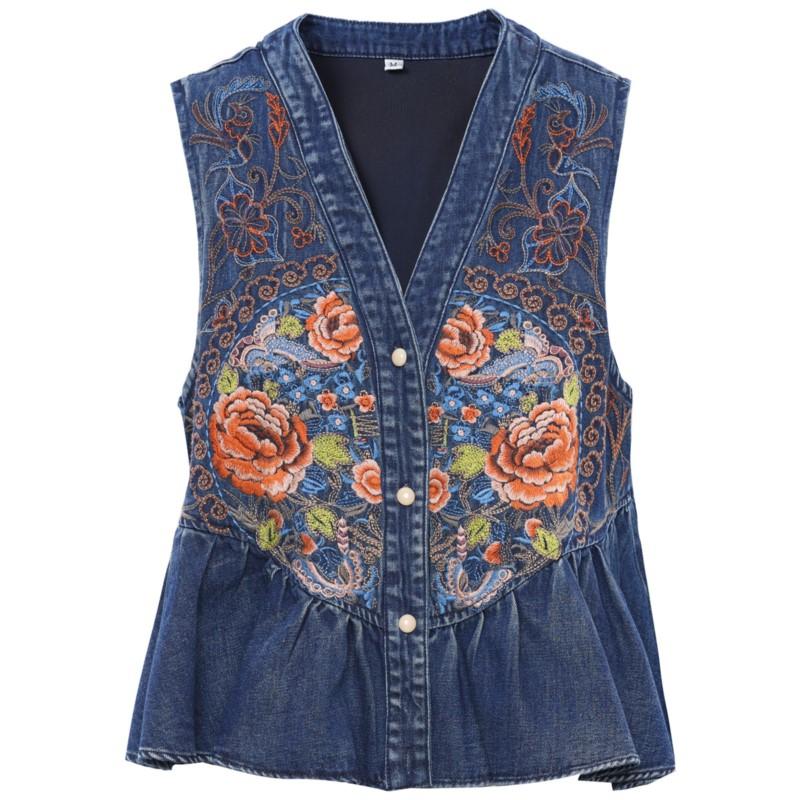 Johnature Woman Spring Chinese Style Vintage Style V-Neck Retro Vest Fashion Casual Embroidery Single Breasted Vest