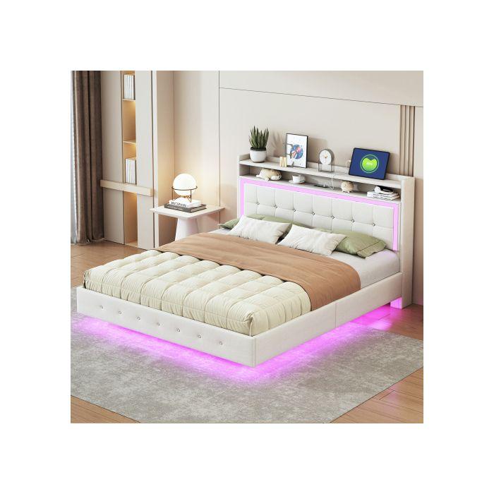 Lit Rembourré - MUVOE - 160x200 Cm - Prise USB - Lumière LED - Tissu Lin Beige