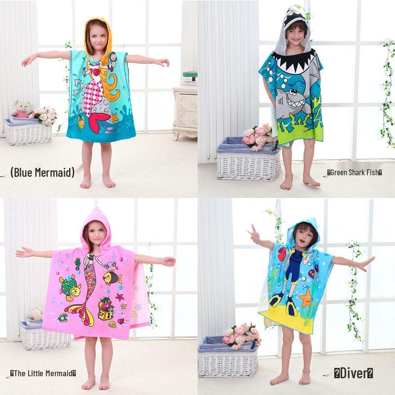 Ultra-Fine Fiber Cartoon Print Kids' Hooded Bath Towel Poncho