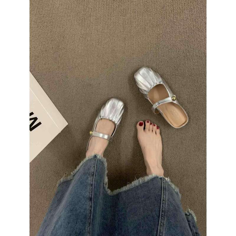 Silver Flat-bottomed Bag Head Half Slippers Outer Wear 2025 Summer New Mother Mary Jane Muller Women Sandals Single Shoes