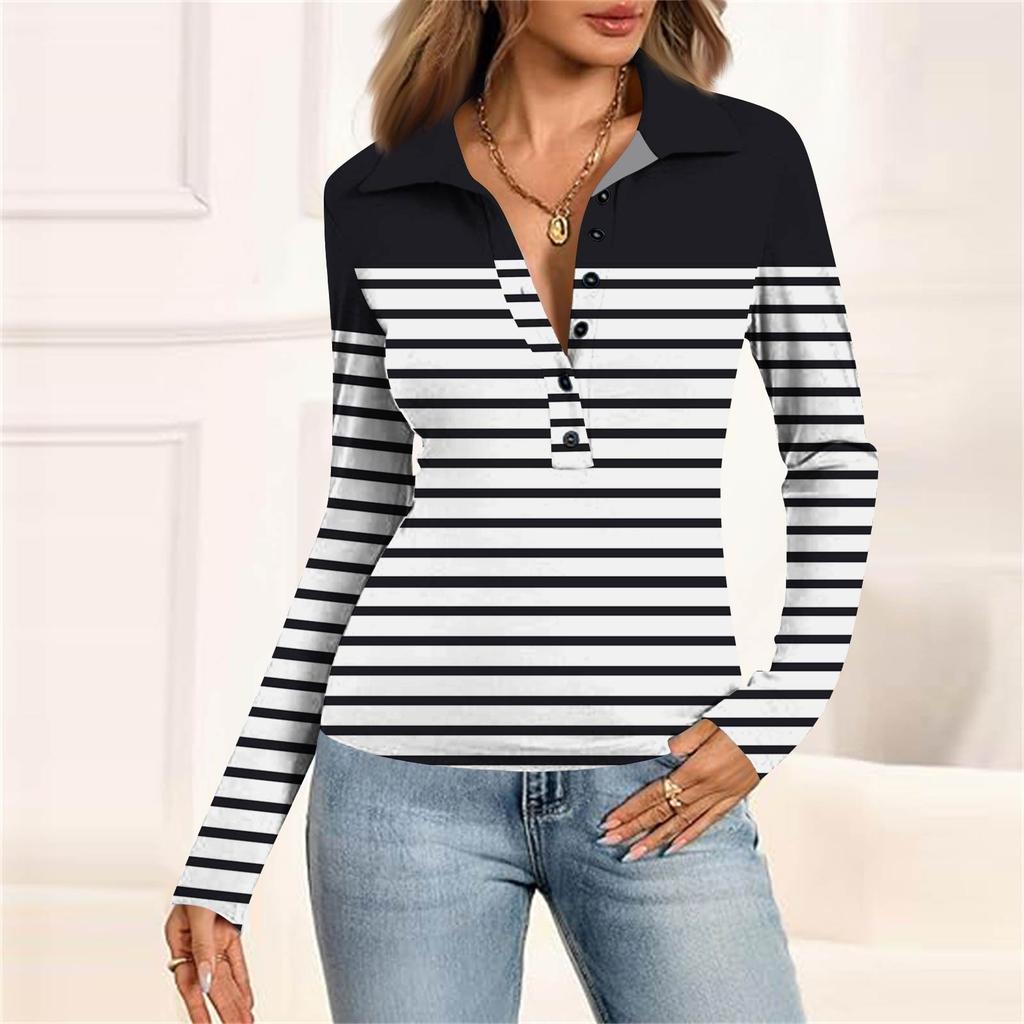 Damenmode Lässig Bedrucktes V-Ausschnitt Langarm Knopfleiste Oberteil