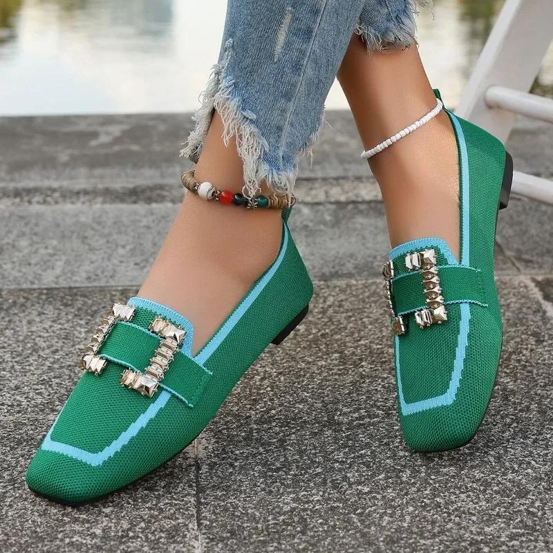 

Fashion Ladies Shoes 2025 Mesh Women s Flats Plus Size Casual Flats Women Mixed Colors Metal Decoration Slip on Square Toe Shoes Women 36