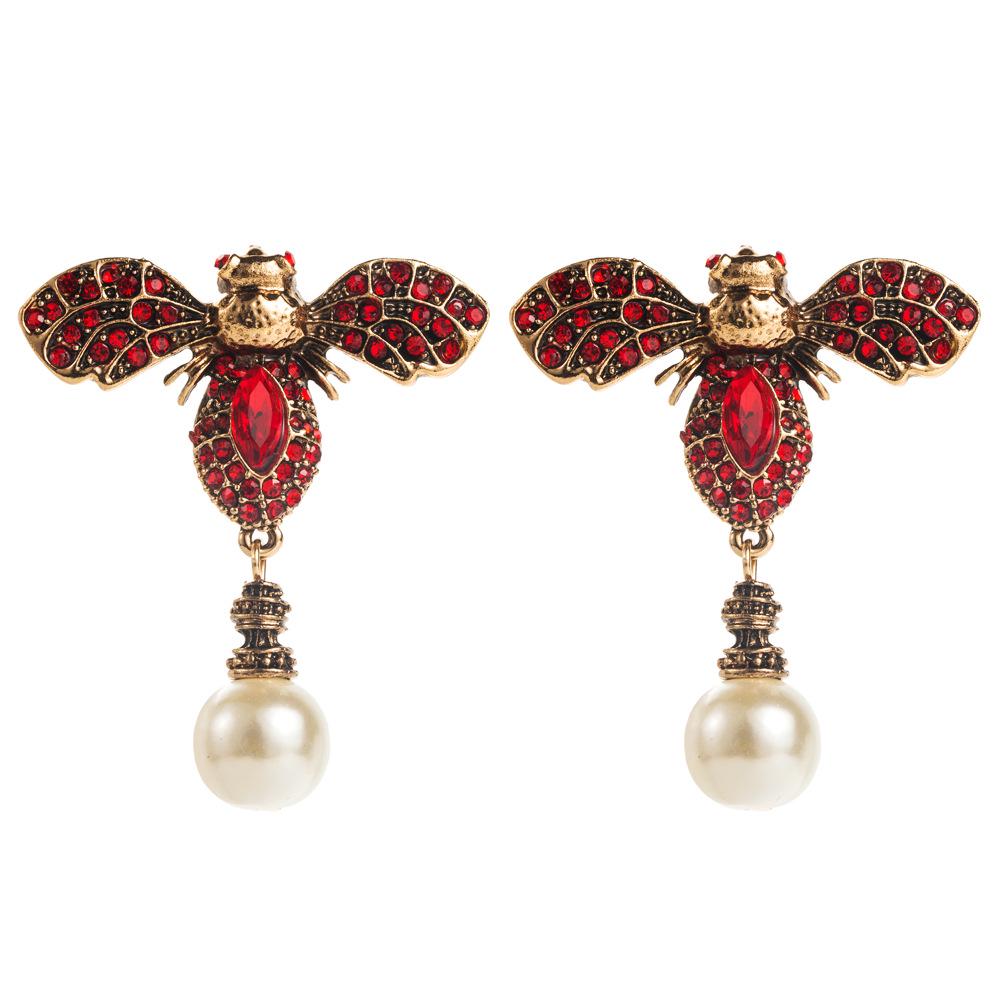 Elegant Retro Rhinestone Bee & Pearl Dangle Earrings