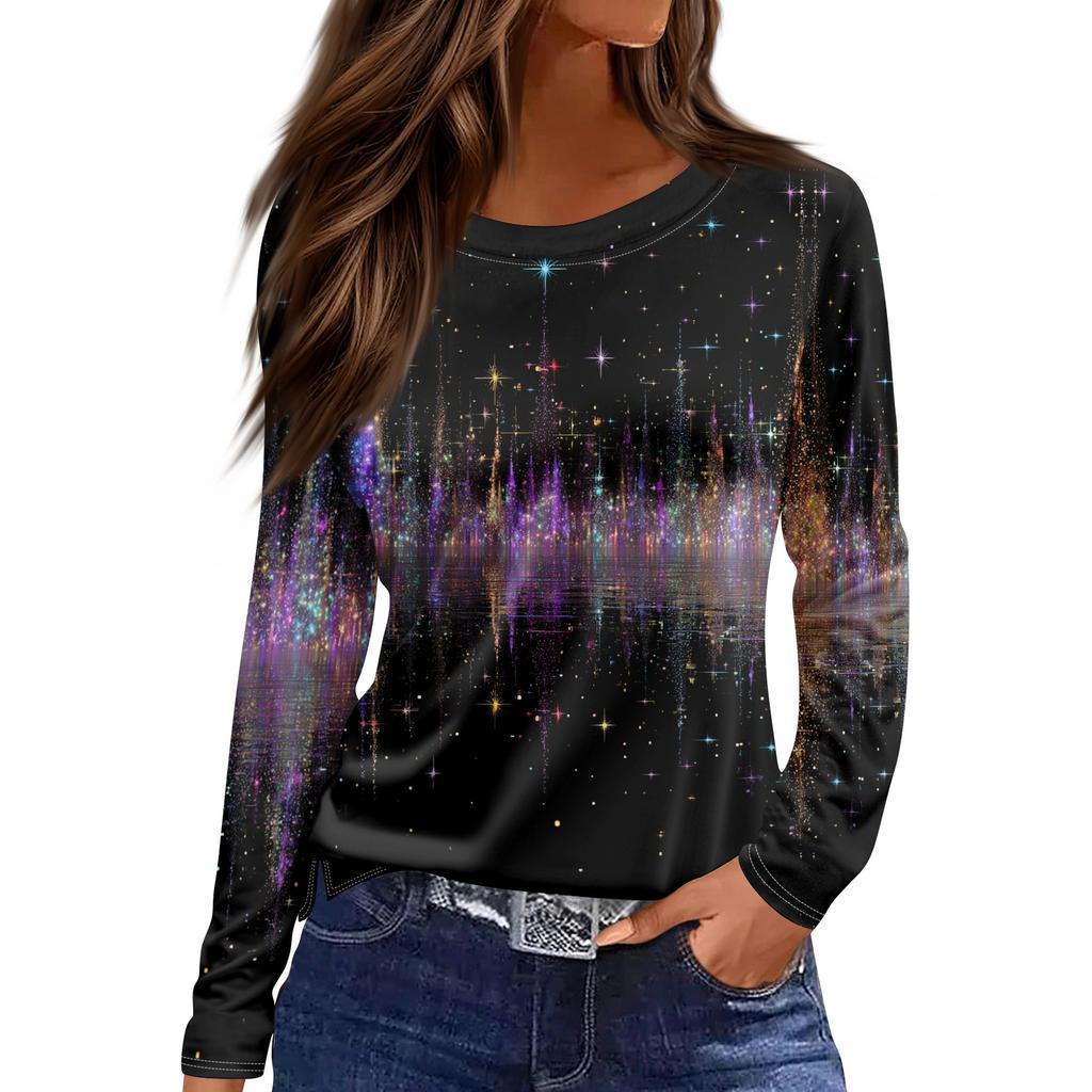 Women's Fashion Casual Slit Hem Round Neck Long Sleeve Loose Printed T-Shirt Top