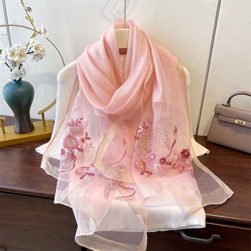 Elegant Long Embroidered Silk Feeling Scarf Women'S Fashion Spring New Style Shawl Wrap Outerwear Trendy Floral Pattern Stylish