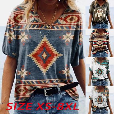 Kadın V Yaka Kısa Kollu Vintage Desen Baskılı Üstler Bol Tişört Günlük Bluz