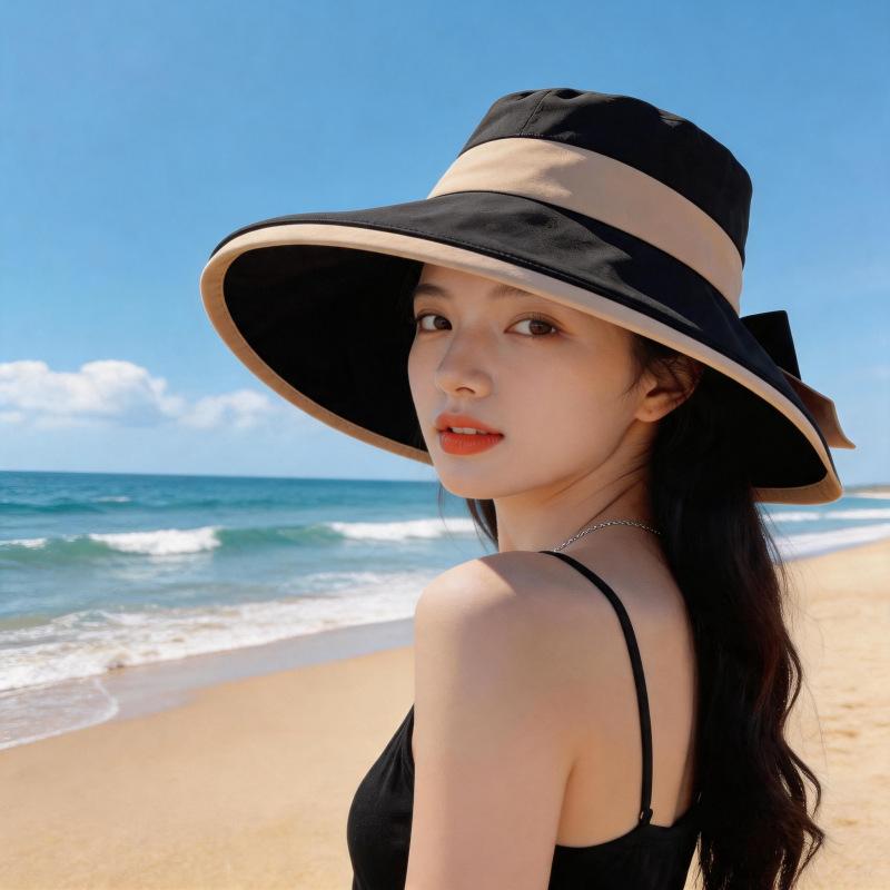 Fisherman's Hat Women's Colored Glue Sunscreen Bow Splicing UV Protection Basin Hat Big Edge Sun Hat