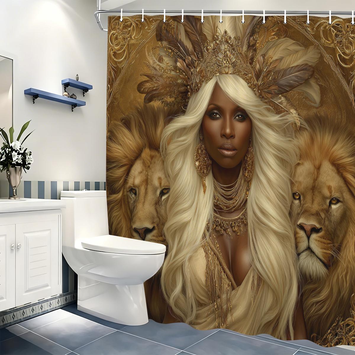 

African Royal & Lion Themed Polyester Shower Curtain - Artistic Bathroom Decor, Stylistic Bathtub Partition Curtain W60H190(CM)-1 Pcs