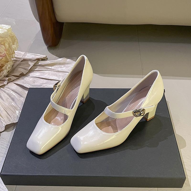 Temperament One-word Buckle High Heels Women's Square Head Thick Heel Design Single Shoes New