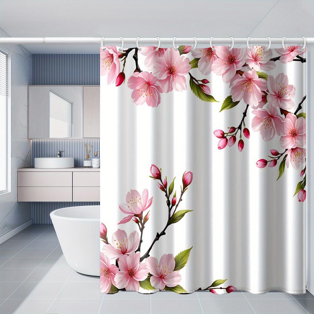Charming Pink Cherry Blossom Shower Curtain For A Nature-Inspired, Elegant, And Serene Bathroom Decor With Floral Design