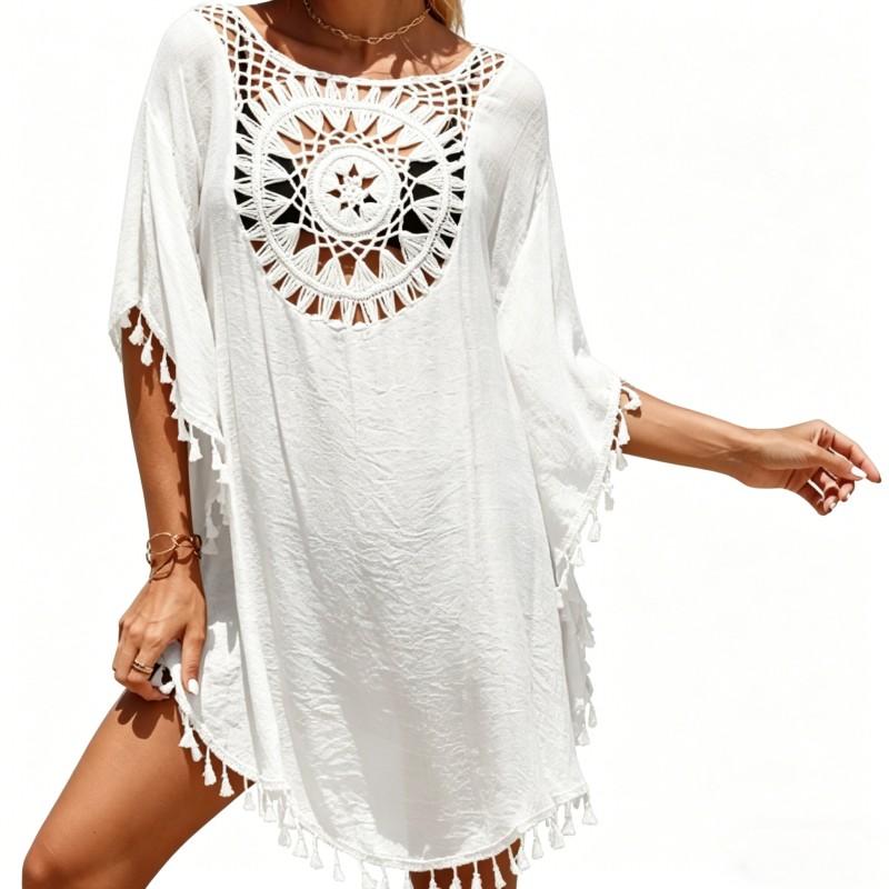 Boho Sommer Strand Häkel-Überwurf - Lockeres Mini-Kleid mit Quasten für Urlaub & Schwimmbad