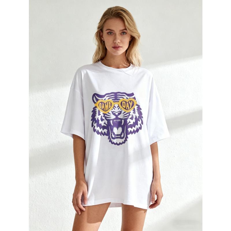 

Oversized T Shirt Black Purple Tiger With Heart Sunglasses Game Day Print Casual Wear For Women XXXXL белый
