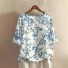 Women's Fashionable And Casual Shirt Half-sleeve Round Neck Print Cotton And Linen Blouse Top