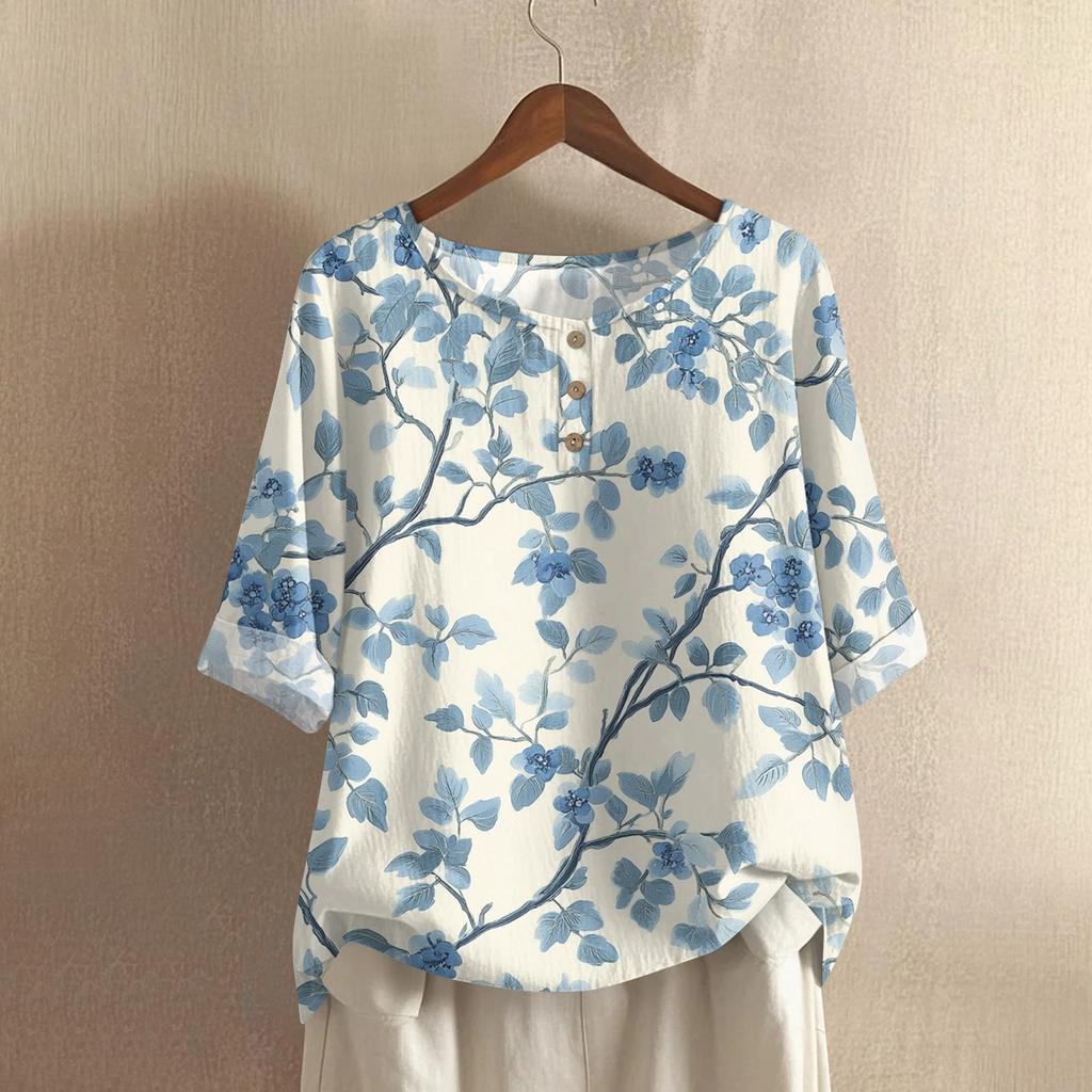 Women's Fashionable And Casual Shirt Half-sleeve Round Neck Print Cotton And Linen Blouse Top