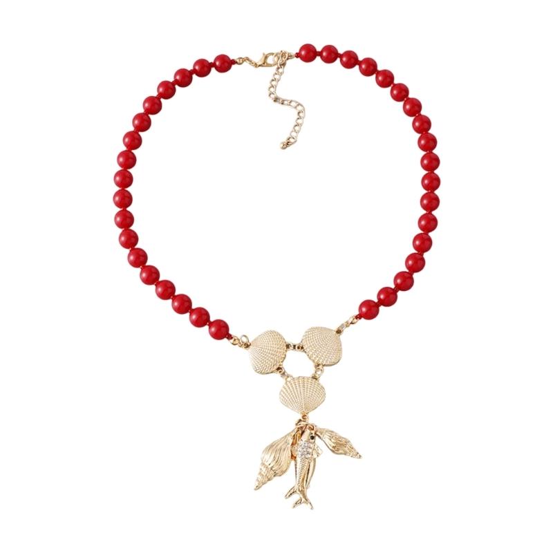 

Retro Beach Theme Jewelry Coral Beaded Fish Pendant Necklace Skin Safe Metal for Party or Office 1