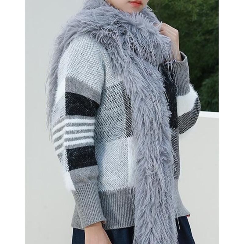 Womens Fuzzy Plush Scarf Knitted Furry Feather Long Scarf Collar Winter Warm Solid Color Scarves Shawl Wrap Streetwear