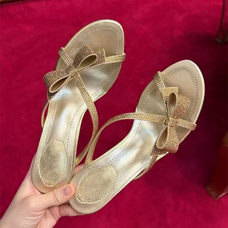 Fashion Luxury Rhinestones Bowknot Narrow Band Women Slippers Sandals Fashion Crysatl Stiletto High Heels Mules Slides Summer Shoes