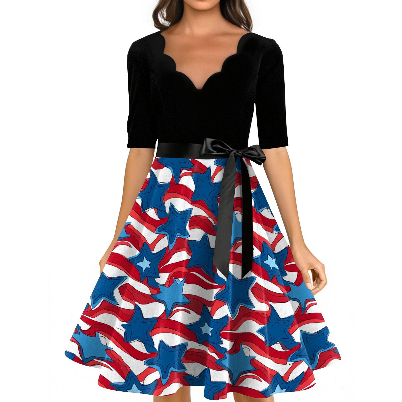 

Women’s Casual Fashion Independence Day Printed V-Neck Retro Short-Sleeve Dress M