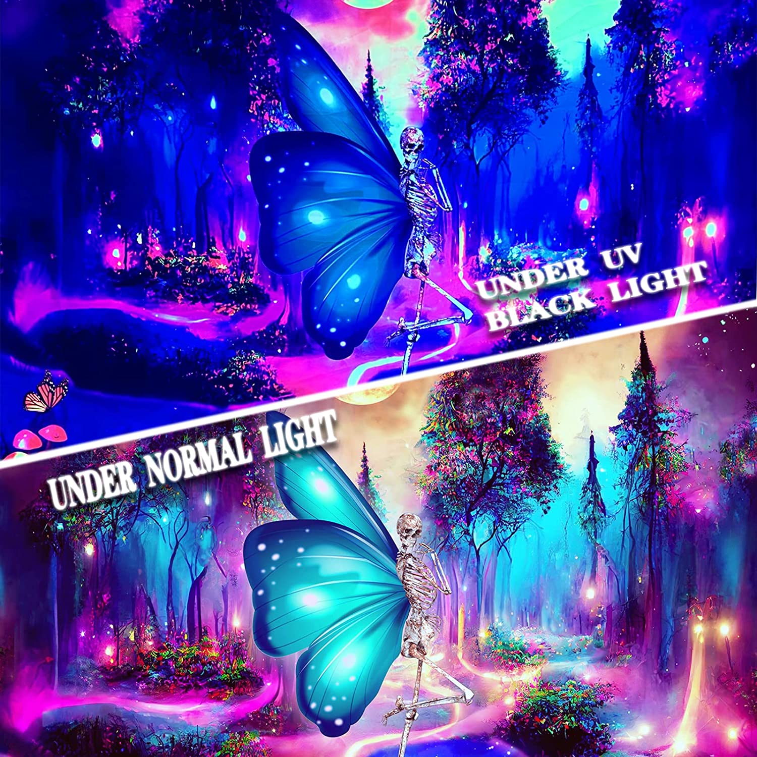 Blacklight Череп Гобелен Фэнтези Лес Черный Свет Гобелены Триповый Скелет УФ-гобелен — фото 4