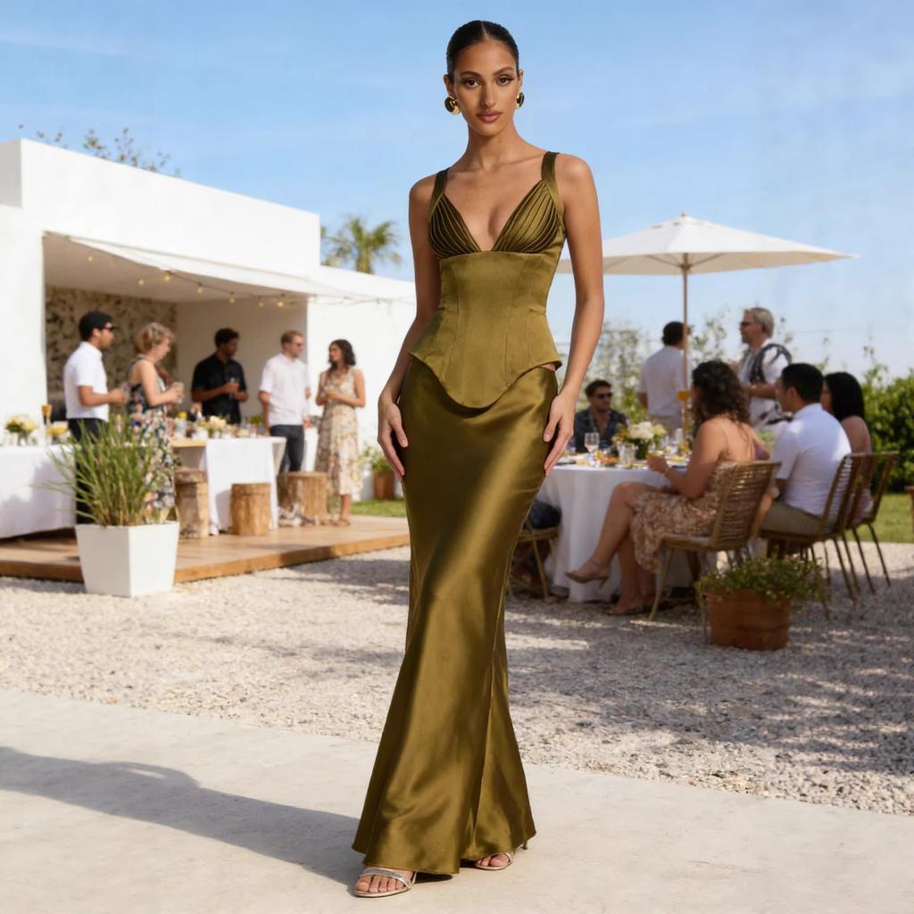 Hot-selling New Long Dress, Fashionable and Sexy Versatile Hip-wrapped Long Satin Skirt Set