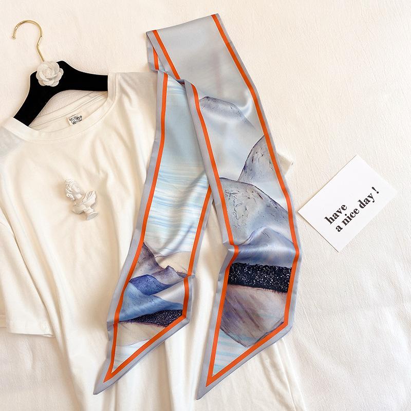 

Новый весенне-летний модный узкий длинный шелковый шарф для женщин, декоративный шарф из искусственного шелка с принтом, маленький шарф large oblique angle 15 * 150cm