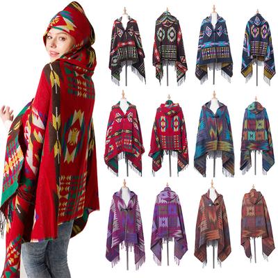 Moda Feminina Outono e Inverno Quente Fecho de Botão Pashmina Estilo Étnico Capa com Capuz Xale Estilo Boêmio