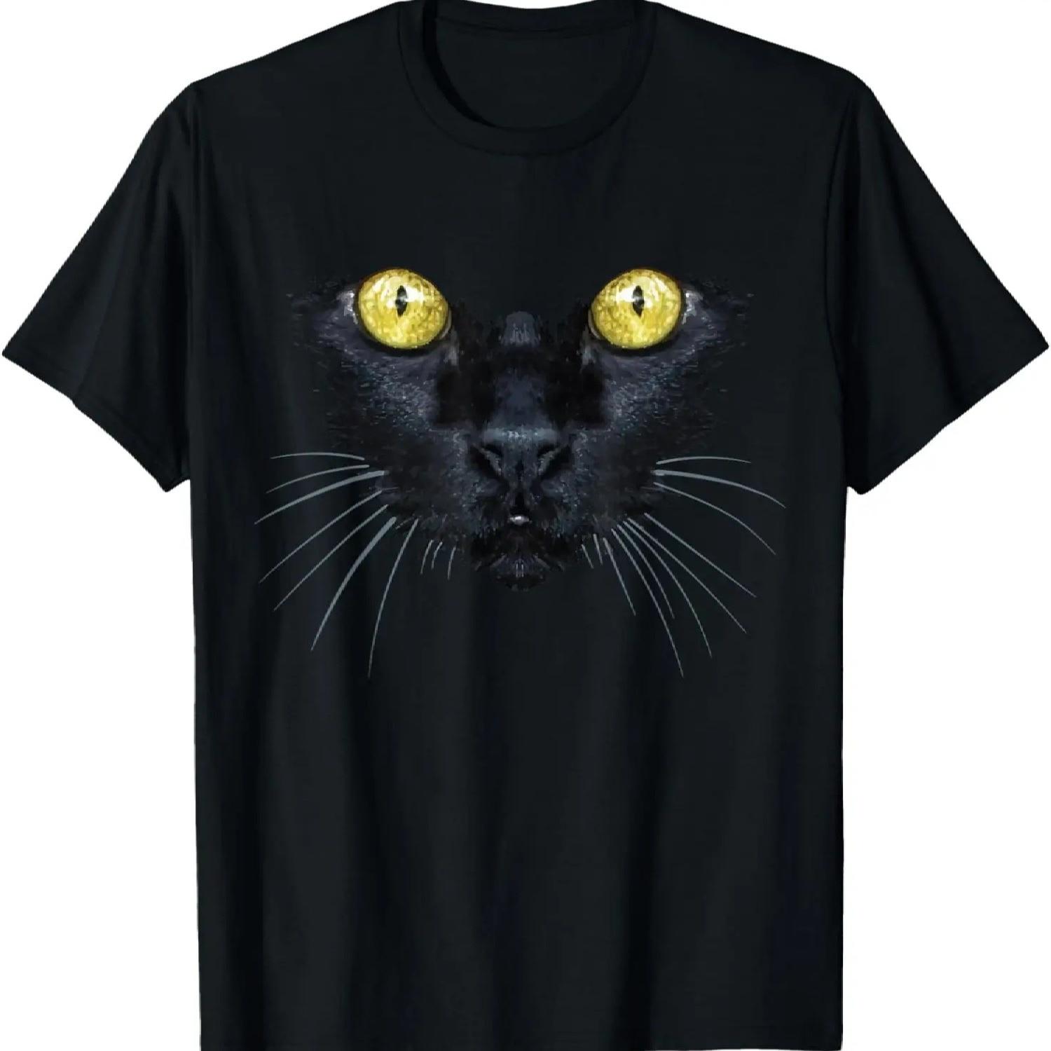 Black Cat Shirt Yellow Eyes Kitty Kitten Cat Face T-Shirt S