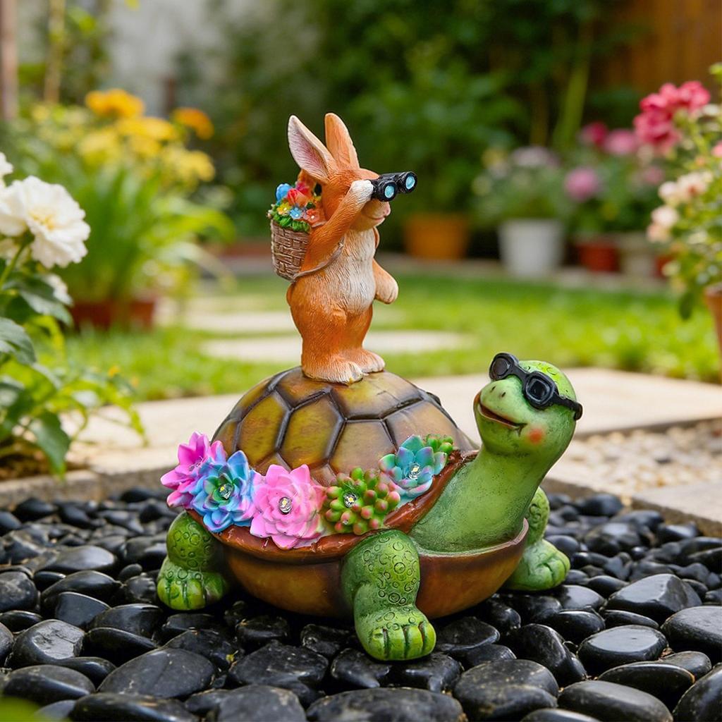 Solar-powered Garden Statues Decor Turtle And Rabbits Figurines Outdoor Patio Lawn Sculptures Bunny Turtle Figurine Garden Decor