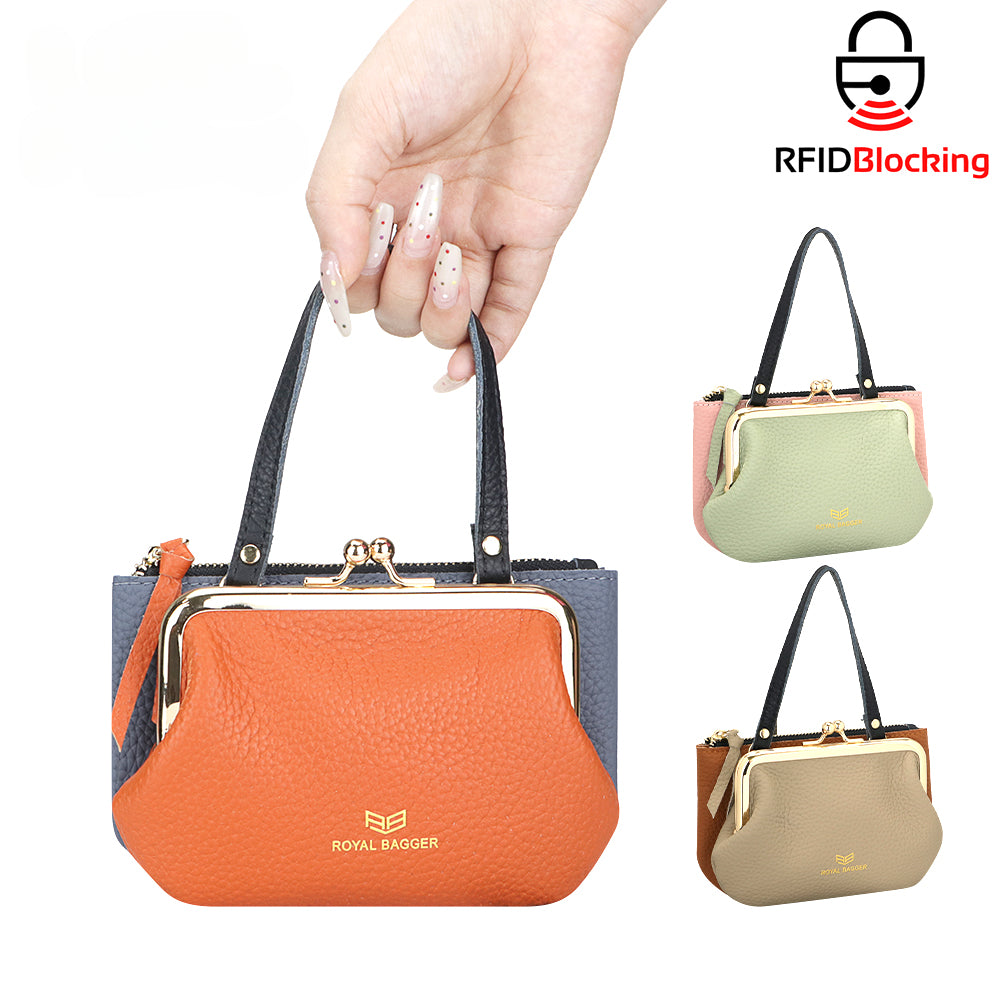 

Винтажный кошелек для монет Royal Bagger RFID для женщин, сумка из натуральной коровьей кожи с контрастными цветами и застежкой-поцелуем, сумка для хранения, 1927 г.