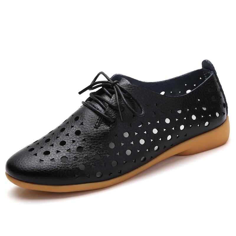 

Летние женские туфли на плоской подошве с вырезами из натуральной кожи, лоферы, женские дышащие балетки, оксфорды, женская повседневная обувь 8 чёрный