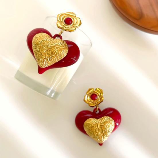 Red Heart Dangle Earrings Love Heart Dangle Drop Earrings with Flowers Women Hypoallergenic Artistic Earrings for Dating Party