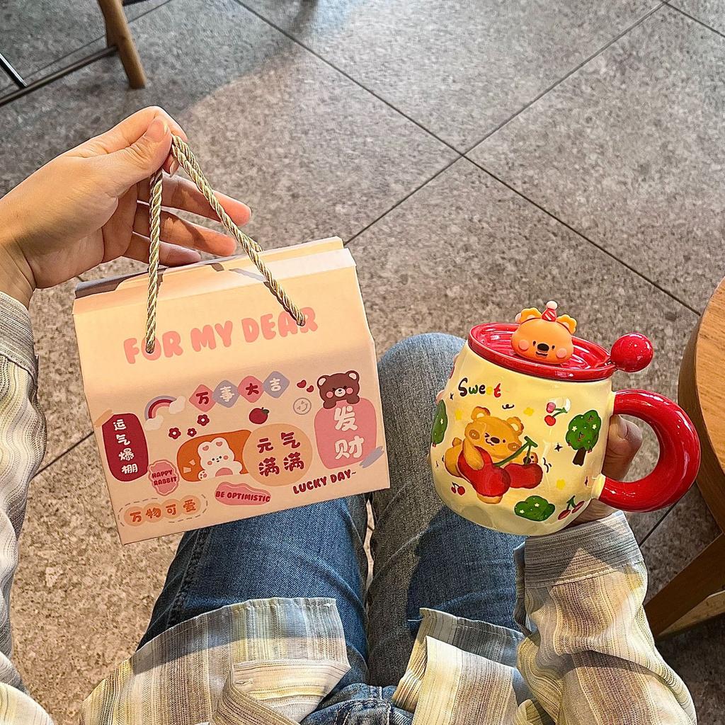Cute Bear Mug With Lid Spoon High Value Ceramic Water Cup Girls Household Cup Coffee Breakfast Cup Children
