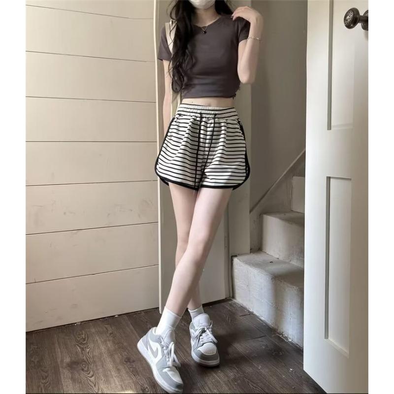 Striped High-waisted Sports Pants Women's Loose Wide Leg Shorts Summer Thin Straight Elastic Waist Ins Casual Pants
