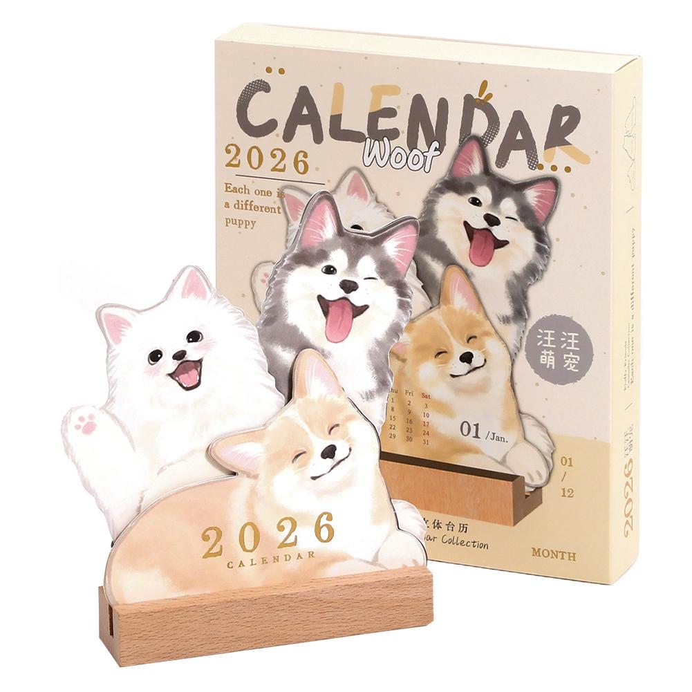2026 Cartoon Dog Cat Card Insert Desk Calendar Monthly Planner With Wooden Base Desktop Decor For Monthly Schedule Organizer