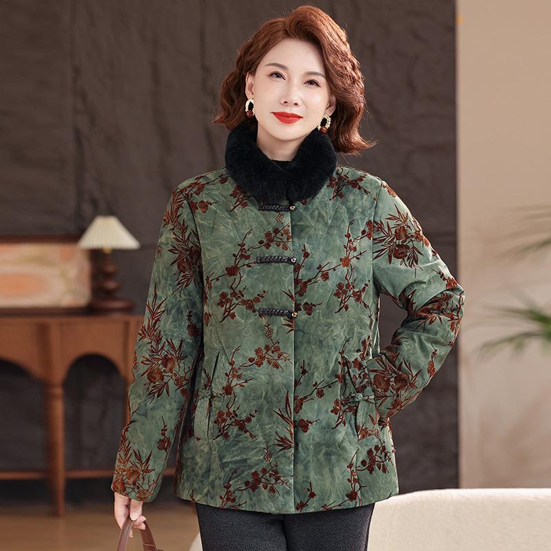2025 Chinese Style Winter Down Jacket for Middle-aged & Elderly Women with Fur Collar - Thick 90% White Duck Down