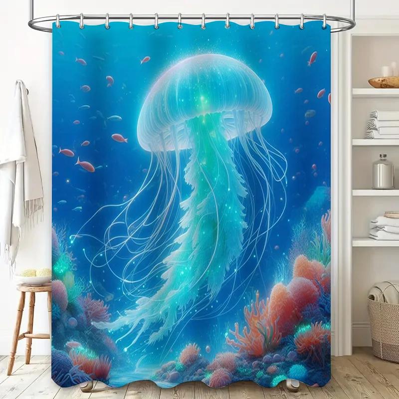 Oceanic Jellyfish Shower Curtain Blue Marine Life Print for Bathroom Decorations