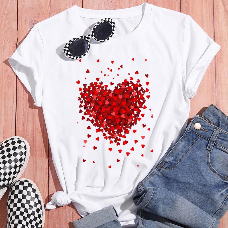 Sportswear Feminine Short Sleeve White Tshirt Clothes Heart Graphic Print T-Shirt Leisure Summer O-Neck Oversized Top Popular T