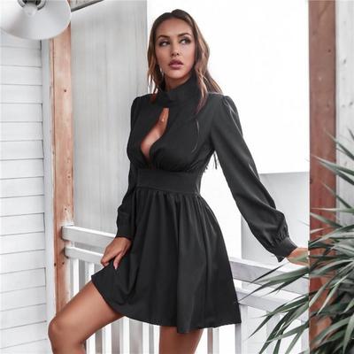 Letnia damska sukienka A-line Slim Fit Wysoki stan Stójka Jednolity kolor Nad kolano Długi rękaw Wiosna S-XL