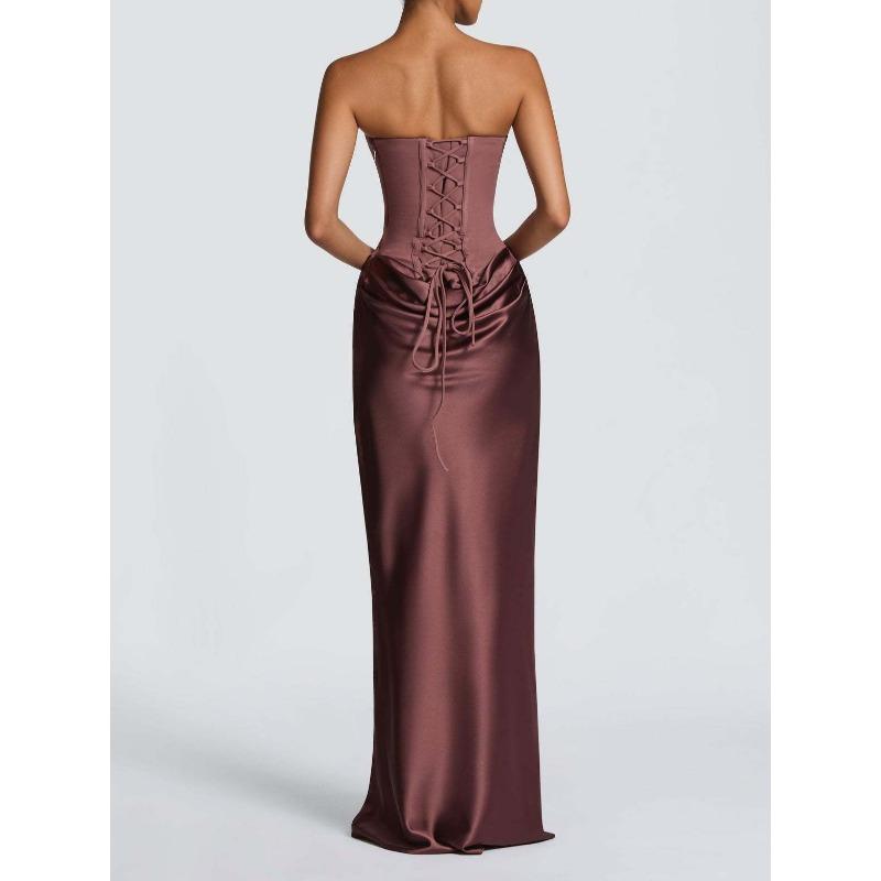 New Solid Color Waist Sexy Tube Top Hip Long Dress Dress Satin Lace-up Streamer Dress