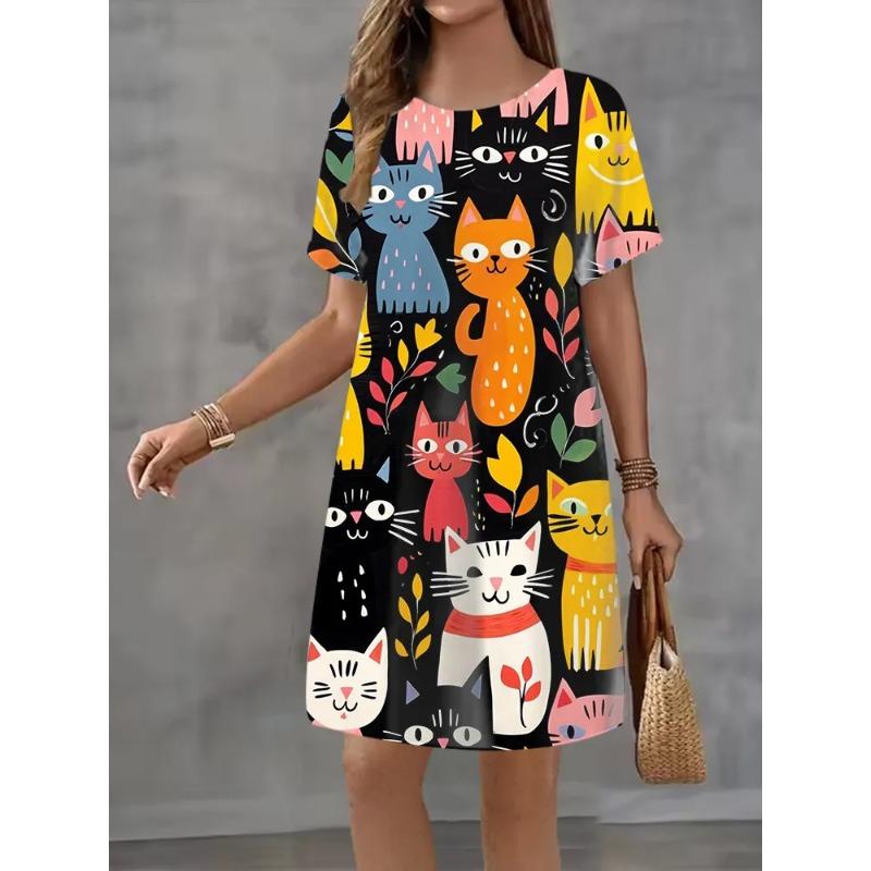 Summer Ladies 3D Printed Short Sleeve Dress Fashion Versatile Breathable Trend Casual