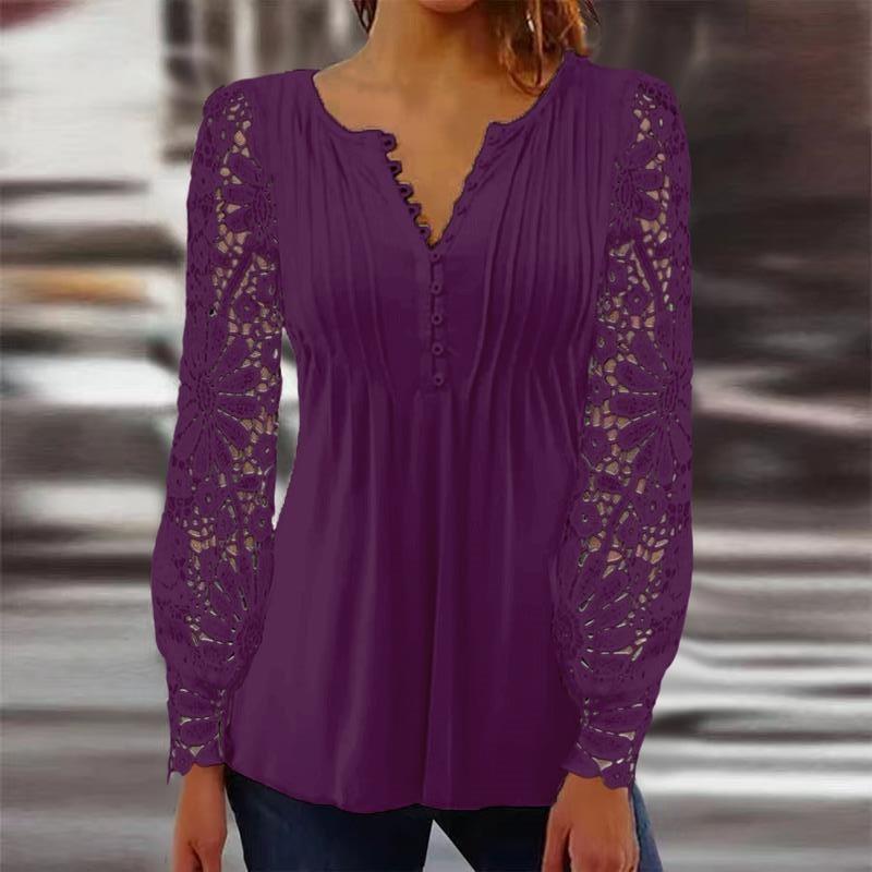 Spring and Autumn Women's Blouse Fashion Lace Sleeve Pressure Pleat Solid Color Button Long Sleeve Top