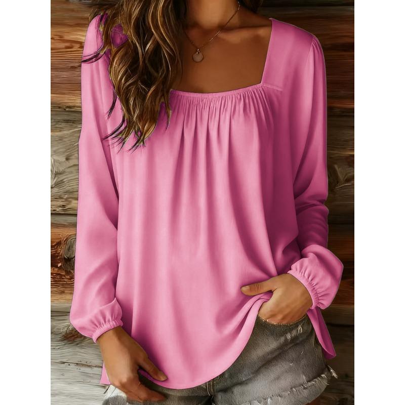 New Women's Solid Color U-neck Pullover Long-sleeved Square Collar Loose Simple Top