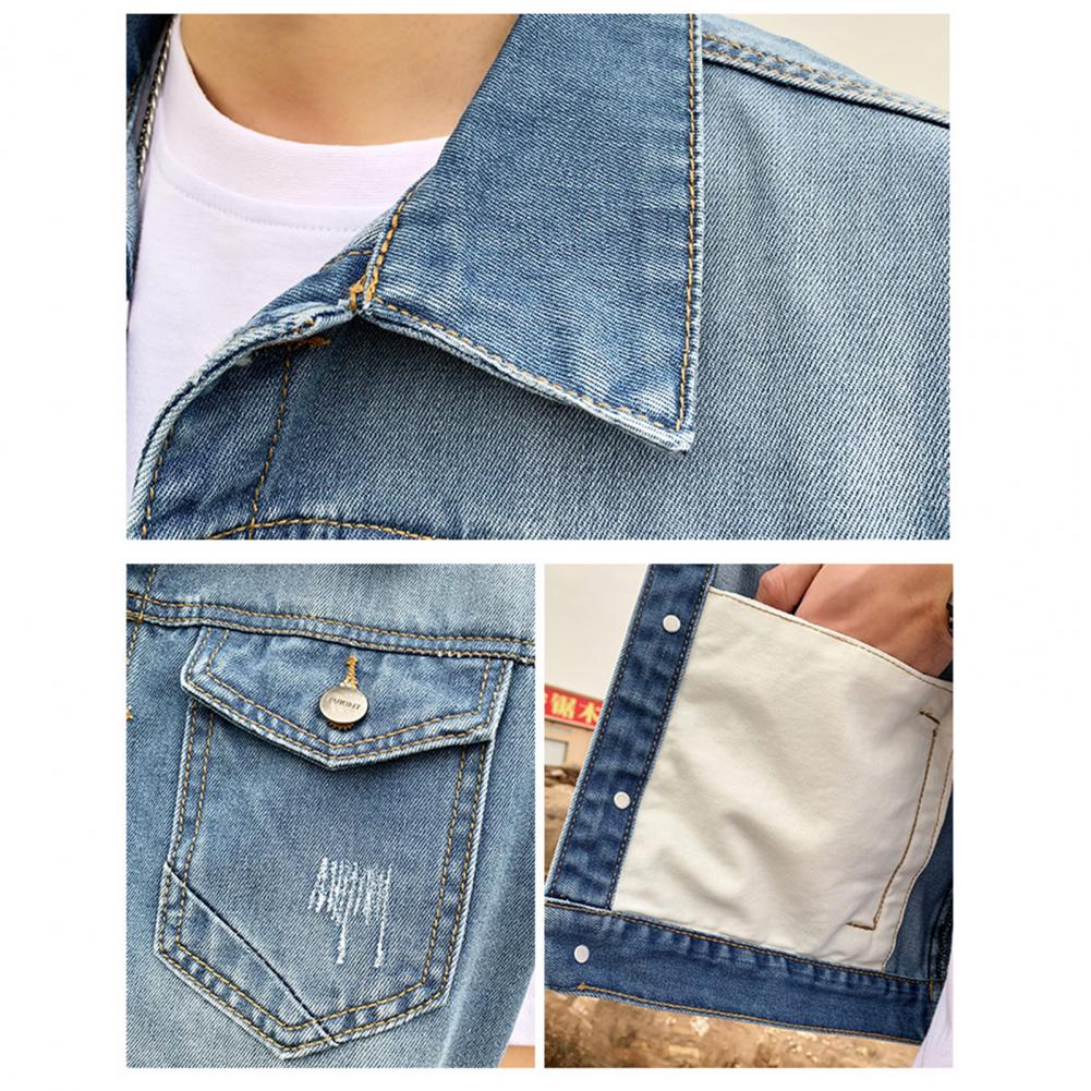 Men Lapel Sleeveless Denim Jacket Ripped Holes Pockets Single Breasted Denim Waistcoat Washed Loose Fit Casual Waistcoat