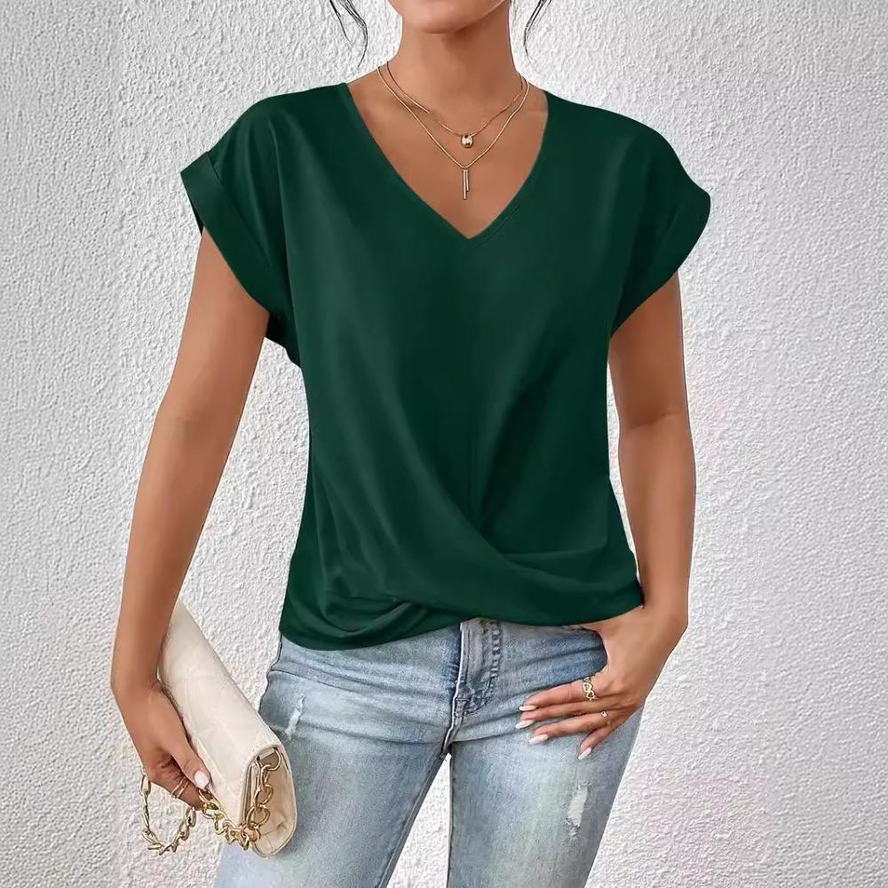 Summer Solid-color Fitted V-neck Women's Short-sleeved T-shirt